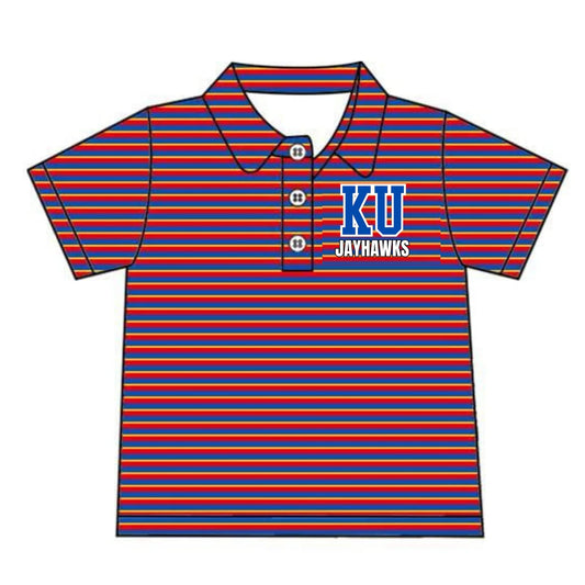 Preorder 5 MOQ Baby Boys Red blue yellow Stripes Kansas University Team Short Sleeve Tee Pullovers Shirts Tops