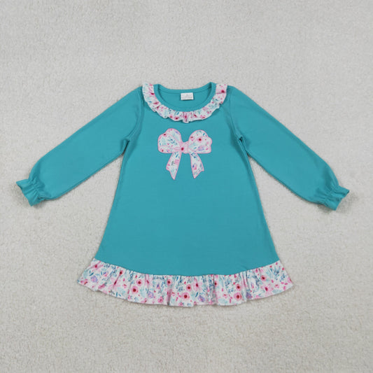 Kids Girls Floral Bow Blue Long Sleeve Dress