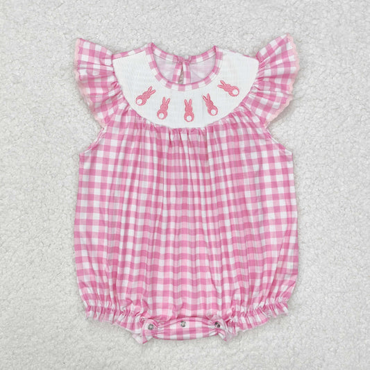 Baby Girls Easter Pink Plaid Embroidery Bunny Flutter Skeeves Rompers