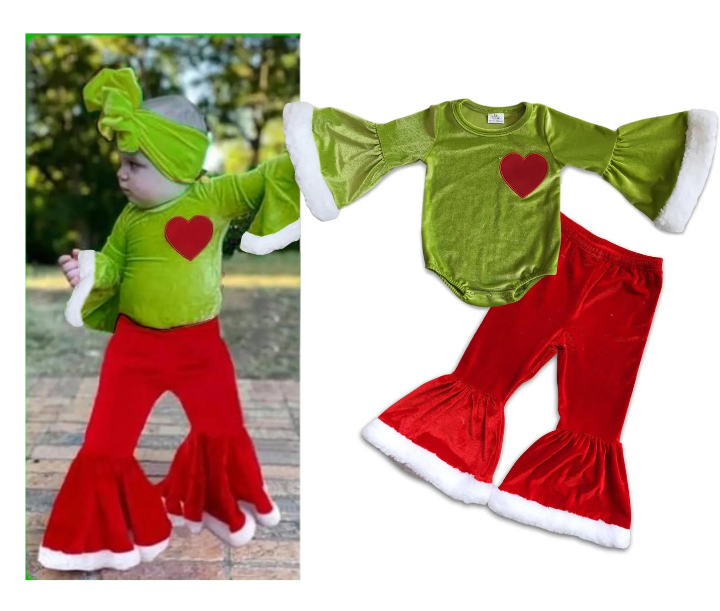 Bay Girls Christmas Outfit Heart Green Velvet Romper +Pants Set