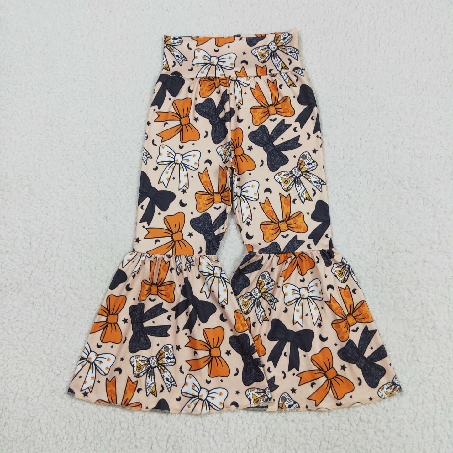 P0776 Kids Girls Halloween Bow Print Bell Bottom Pants