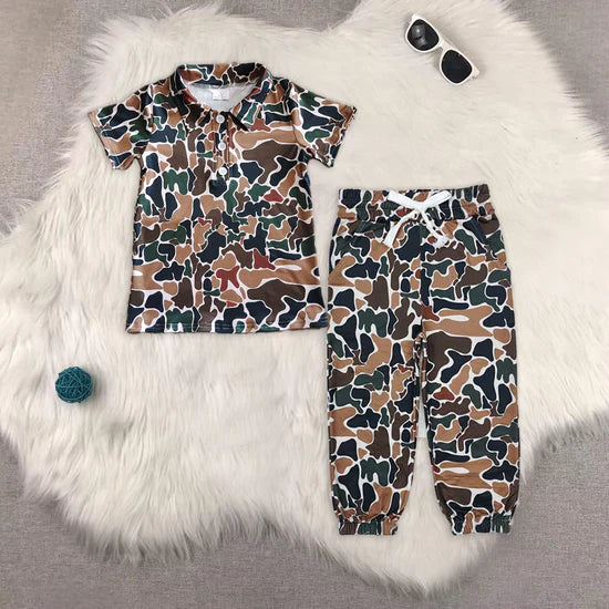 Camouflage beige short-sleeved top drawstring trousers sets