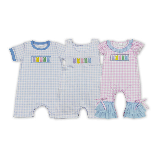 Sibling Baby Kids Plaid Embroidery Bunny Easter Rompers