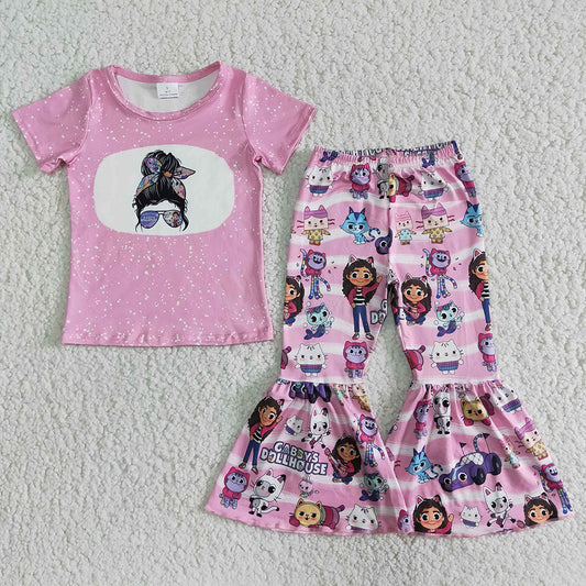 Baby Girls Pink Cartoon Cat Bell Pants Set On Sale