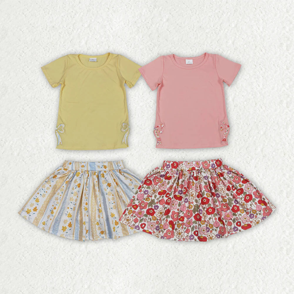 Sibling Embroidery Baby Girls Bow Top Flowers Skort Skirts Outfits