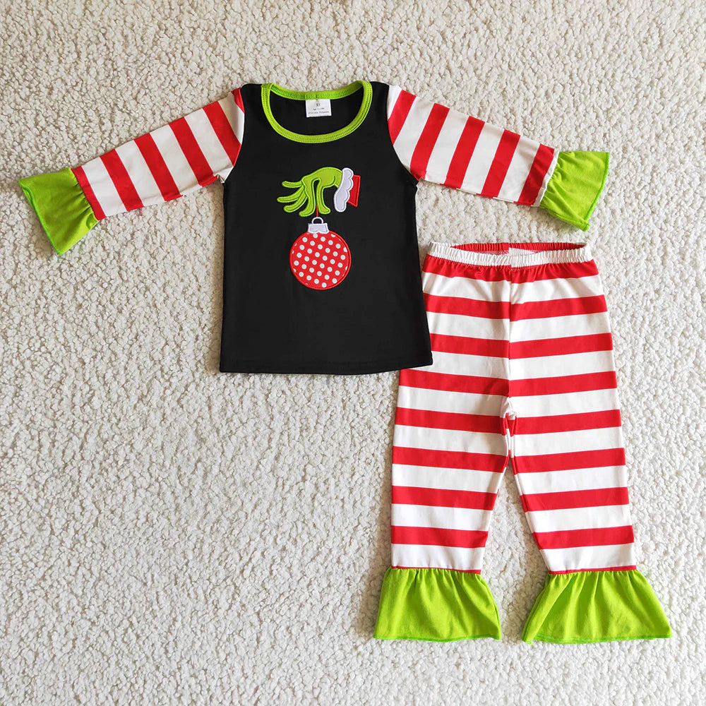 Christmas Girls Cartoon Hands Striped Pajama Outfit