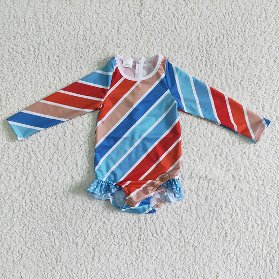 S0007 Baby Girls summer long sleeve stripe swimsuits