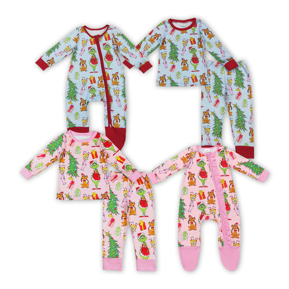 Sibling Girls Boys Christmas Green Face Long Sleeve Pajama Set and Romper