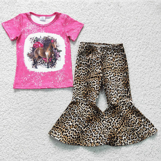 Baby Girls Horse Tee Shirts Top Leather Leopard Bell Bottom Pants Sets