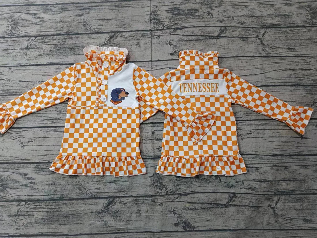 Preorder 5 MOQ Baby Girls   Sport Team Tennessee Orange Checked Long Sleeve Pullover Top