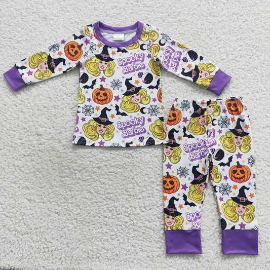GLP0661 Kids Girls Halloween Purple Pajamas Outift Clothes Set