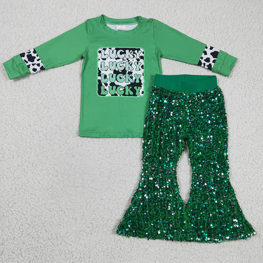 Baby Girls St. Patrick's Day Long Sleeve Lucky Top with Green Sequin Pants Outfit