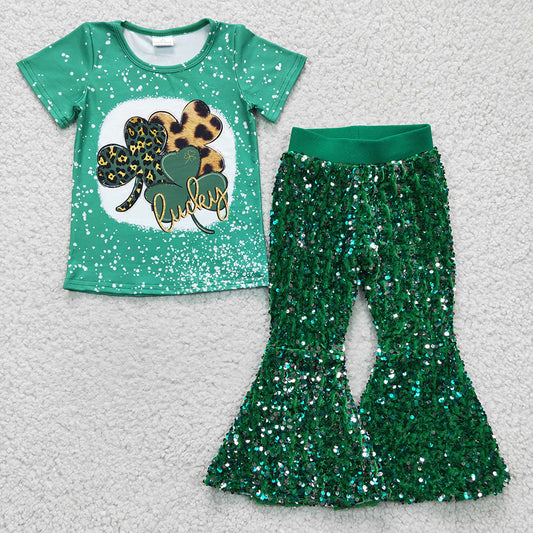 Baby Girls St. Patrick's Day Short Sleeve Top with Green Sequin Pants Outfit