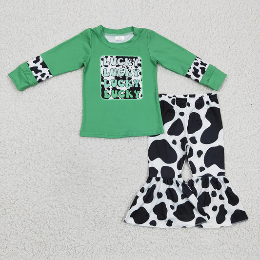 Baby Girls St. Patrick's Day Long Sleeve Lucky Top with Cow Pants Outfit