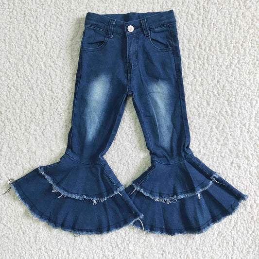 P0003 USA Shop Baby girls navy blue bleached double ruffle denim pants