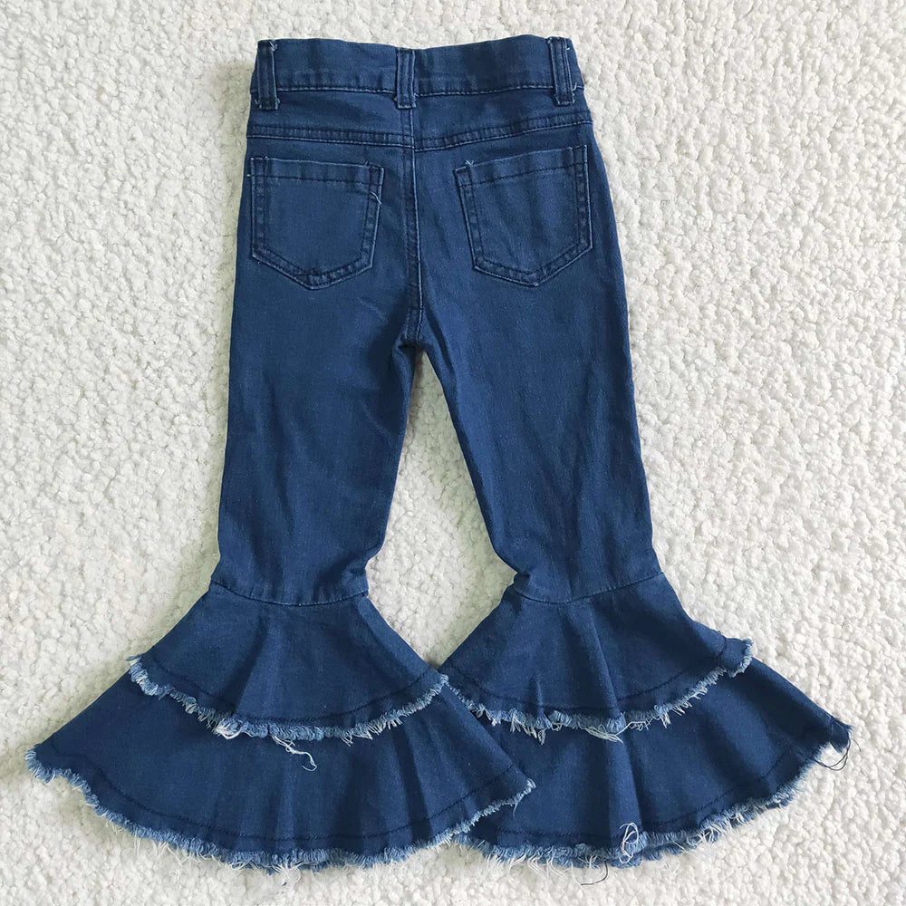 P0003 USA Shop Baby girls navy blue bleached double ruffle denim pants