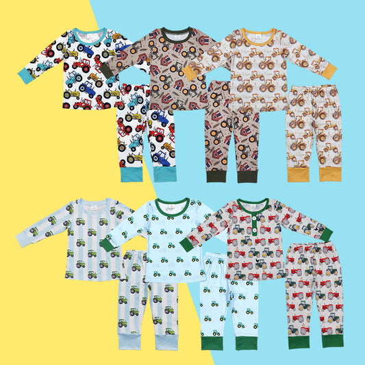Sibling Baby Boys Farm Tractors Long Sleeve Soft Pajama Set