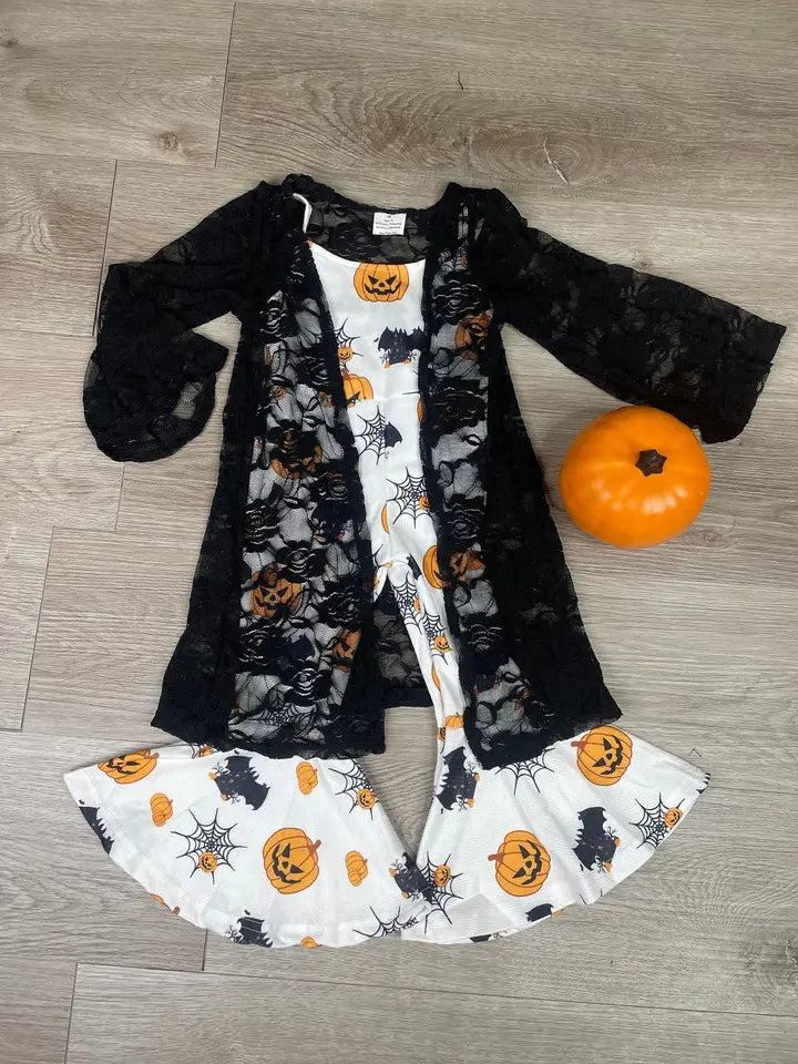 GLP0679 Baby Girls Pumpkin Jumpsuits Lace Cardigan 2pcs Sets