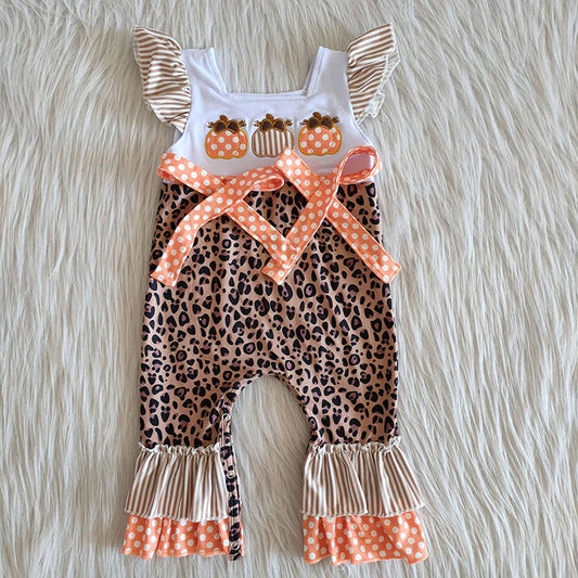 D1-15 Baby Girls Pumpkin Leopard Bow Rompers