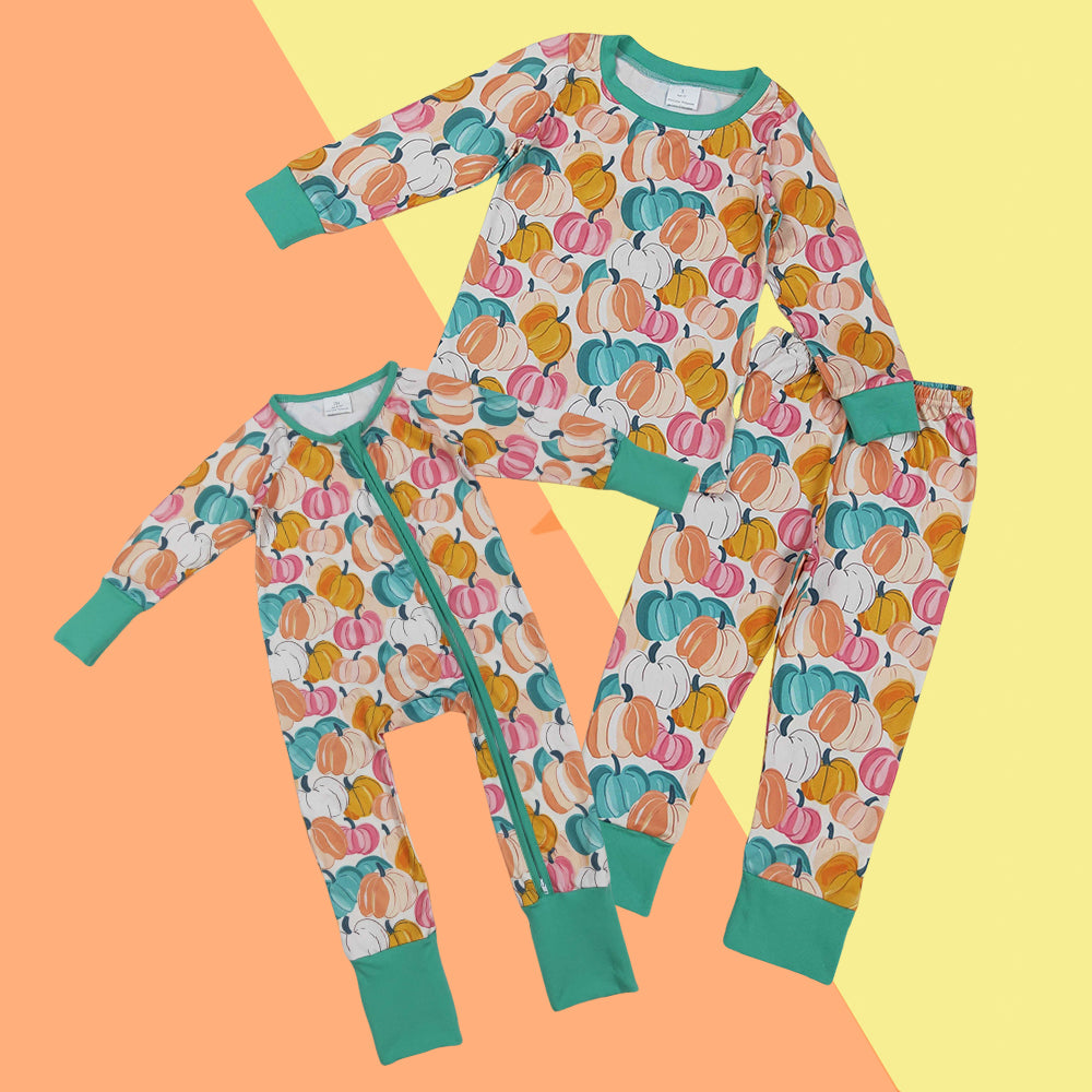 Kids Girls Sibling Fall Pumpkin Pajama Set and Romper