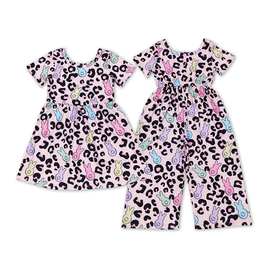 Sibling Baby Girls Easter Rabbit Leopard Pink Dress/Jumpsuit