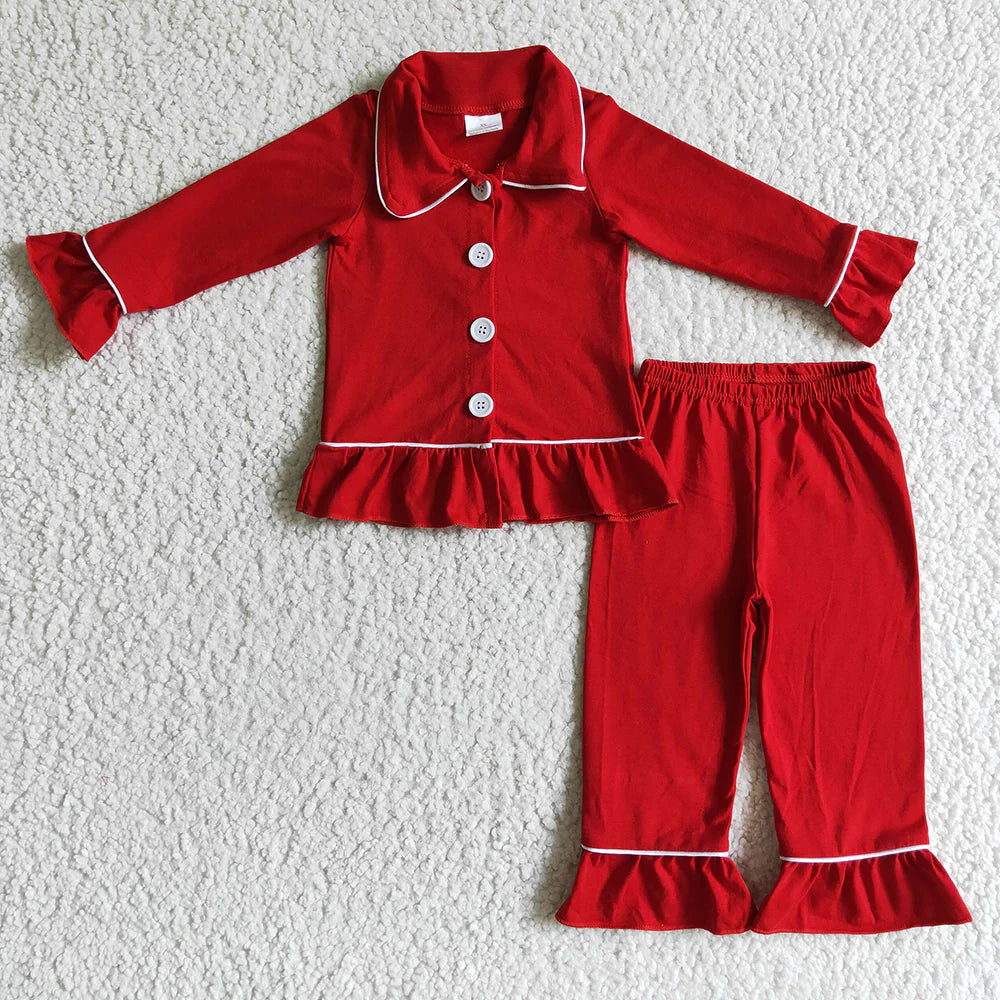 Baby Girls Red Color Cotton Christmas Button Ups Pajama Set