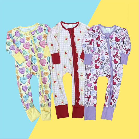 Sibling Baby Girls Valentine's Day heart Long Sleeve Two Way Zipper Convertible Rompers