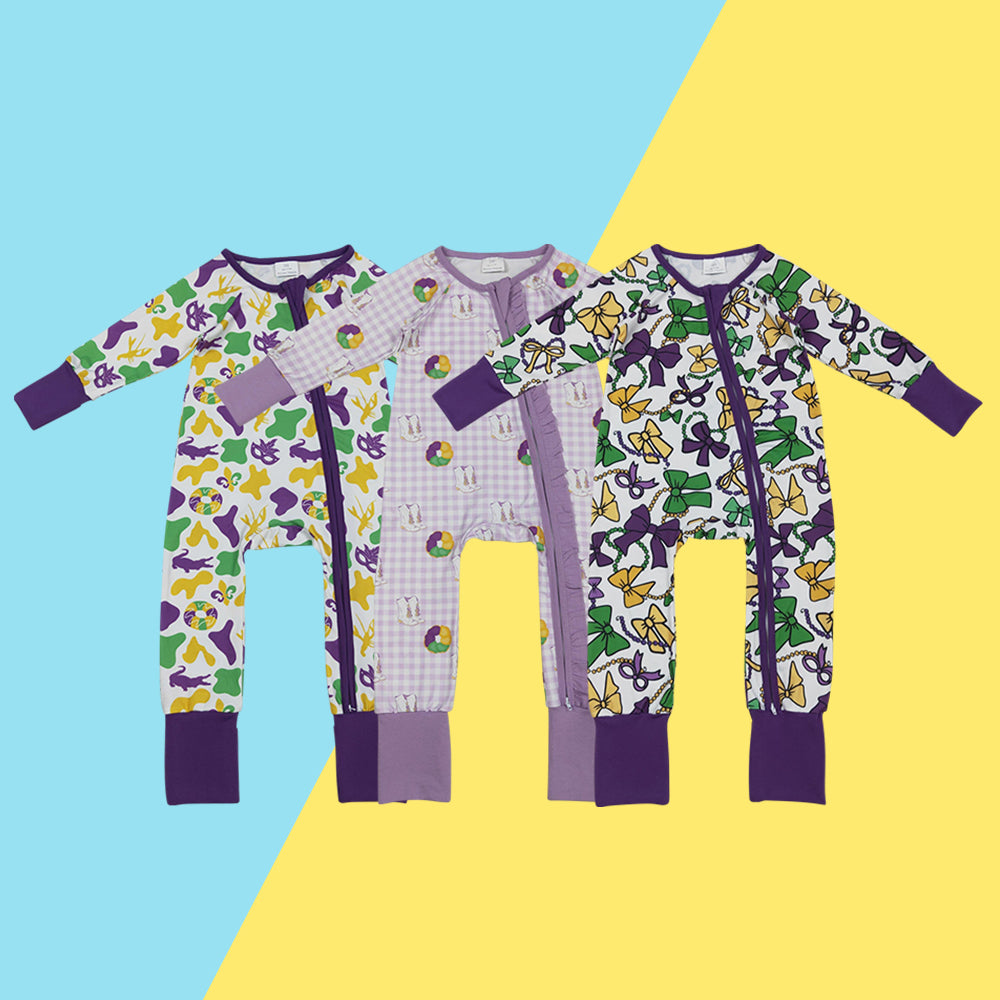 Sibling Baby Girls or Boys Mardi Gras Long Sleeve Zipper Romper Preorder