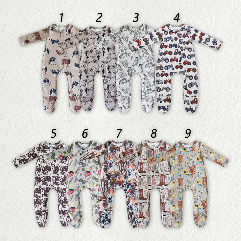 Sibling Baby Girls and Boys Western Long Sleeve Footie Zip Rompers