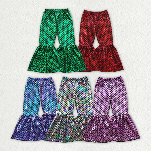 5 Colors Baby Girls Mermaid Scale Holographic Spandex Bell Bottom Pants