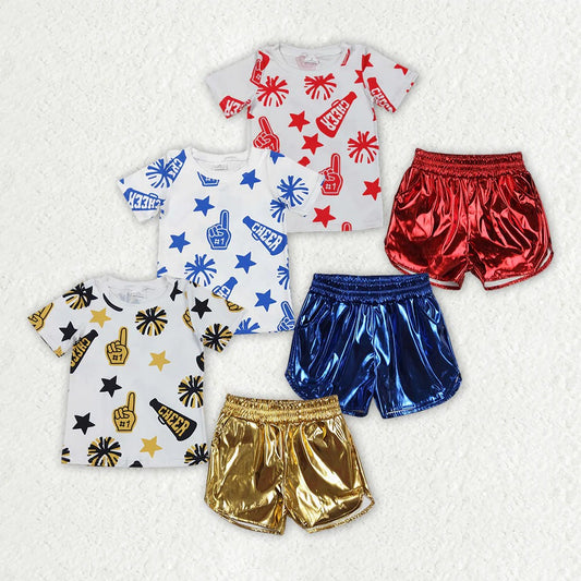 Sibling Baby Girls Cheer Team Tops Metallic Shorts Clothes Sets