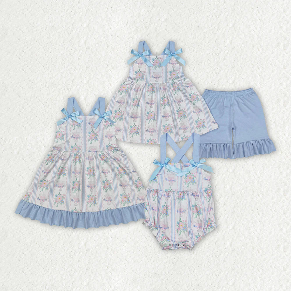 Sibling Baby Girls Flowers Cakes Straps Bows Rompers Dresses Outfits