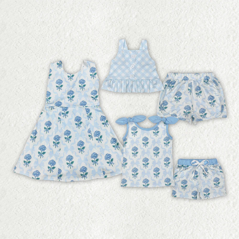 Sibling Baby Girls Blue Flowers Bows Yoga Summer Outfits