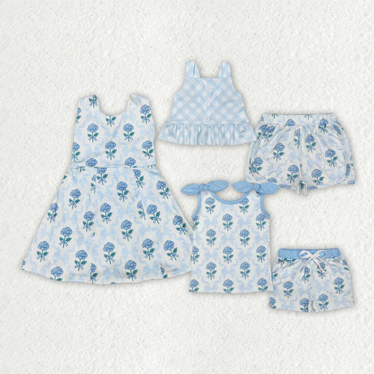 Sibling Baby Girls Blue Flowers Bows Yoga Summer Outfits