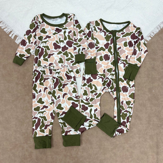 Sibling Baby Boys Green Camo Pajama Set/Romper