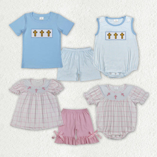 Sibling Girls Boys Embroidery Cross Shorts/Romper