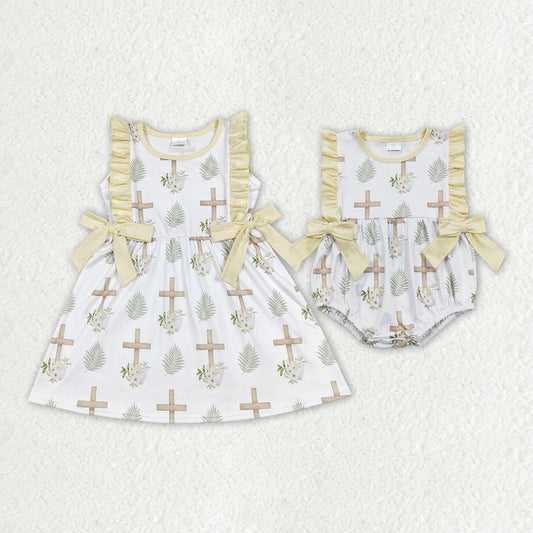 Sibling Baby Girls Cross Easter Flowers Bows Rompers Dresses