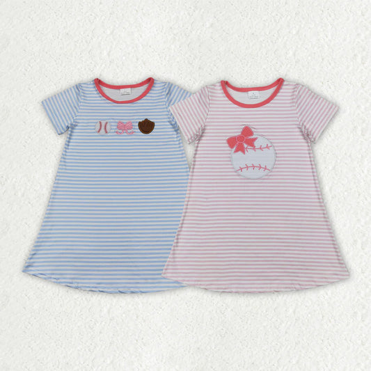 Sibling Embroidery Baby Girls Stripe Bows Baseball Knee Length Dresses