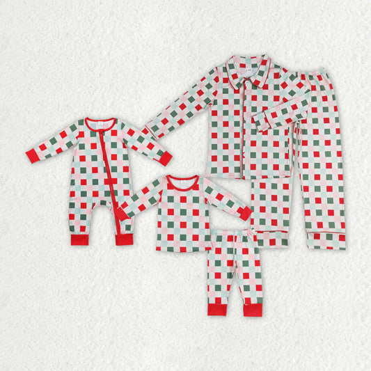 Mommy and Me Christmas Red Green Chcked Pajama Set /Zipper Romper