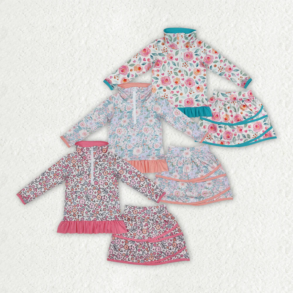 Sibling Baby Girls Flowers Zip Top Skirt Ruffle Skort Bottoms Sets