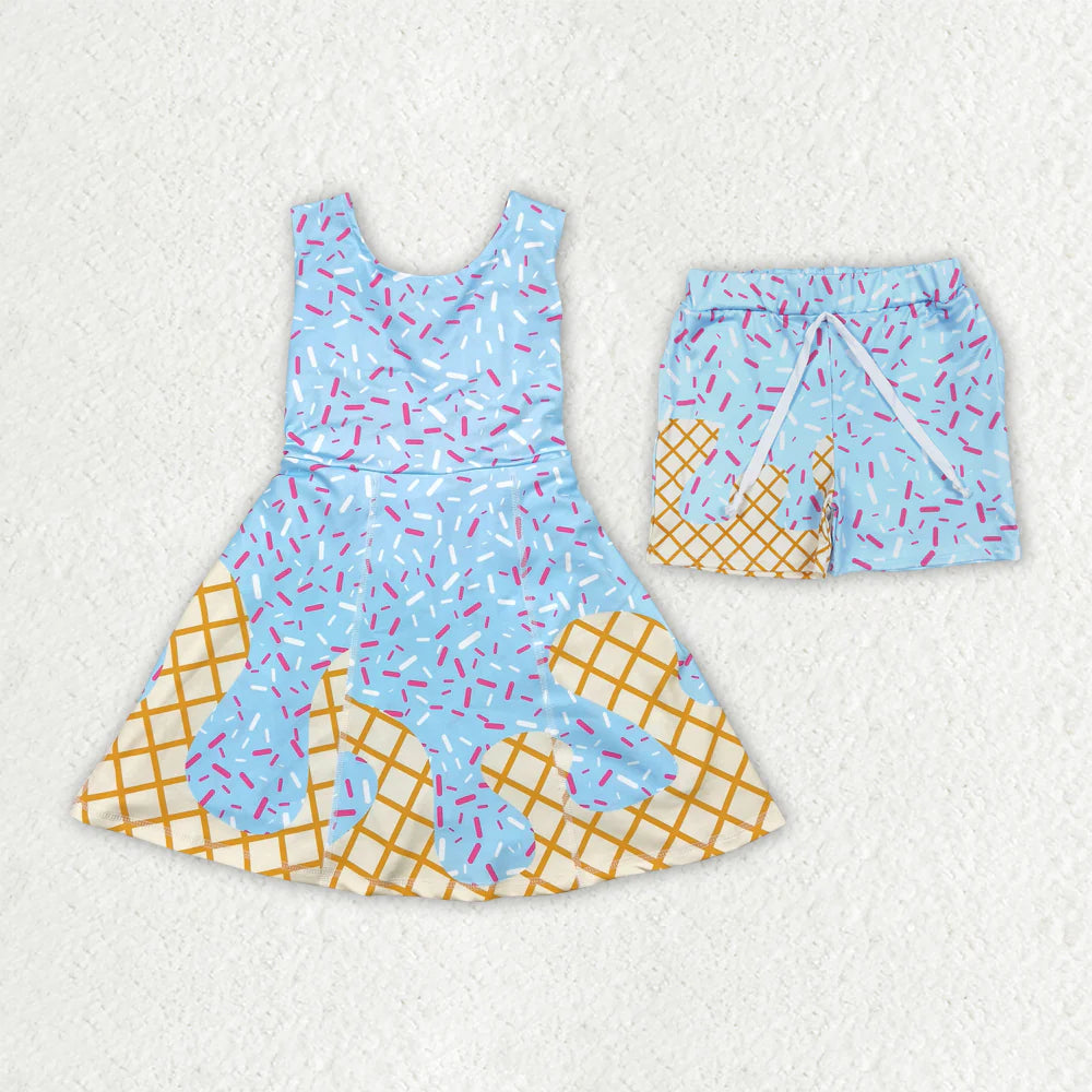 Sibling Baby Girls Boys Blue Ice-cream Drip Shorts Dresses