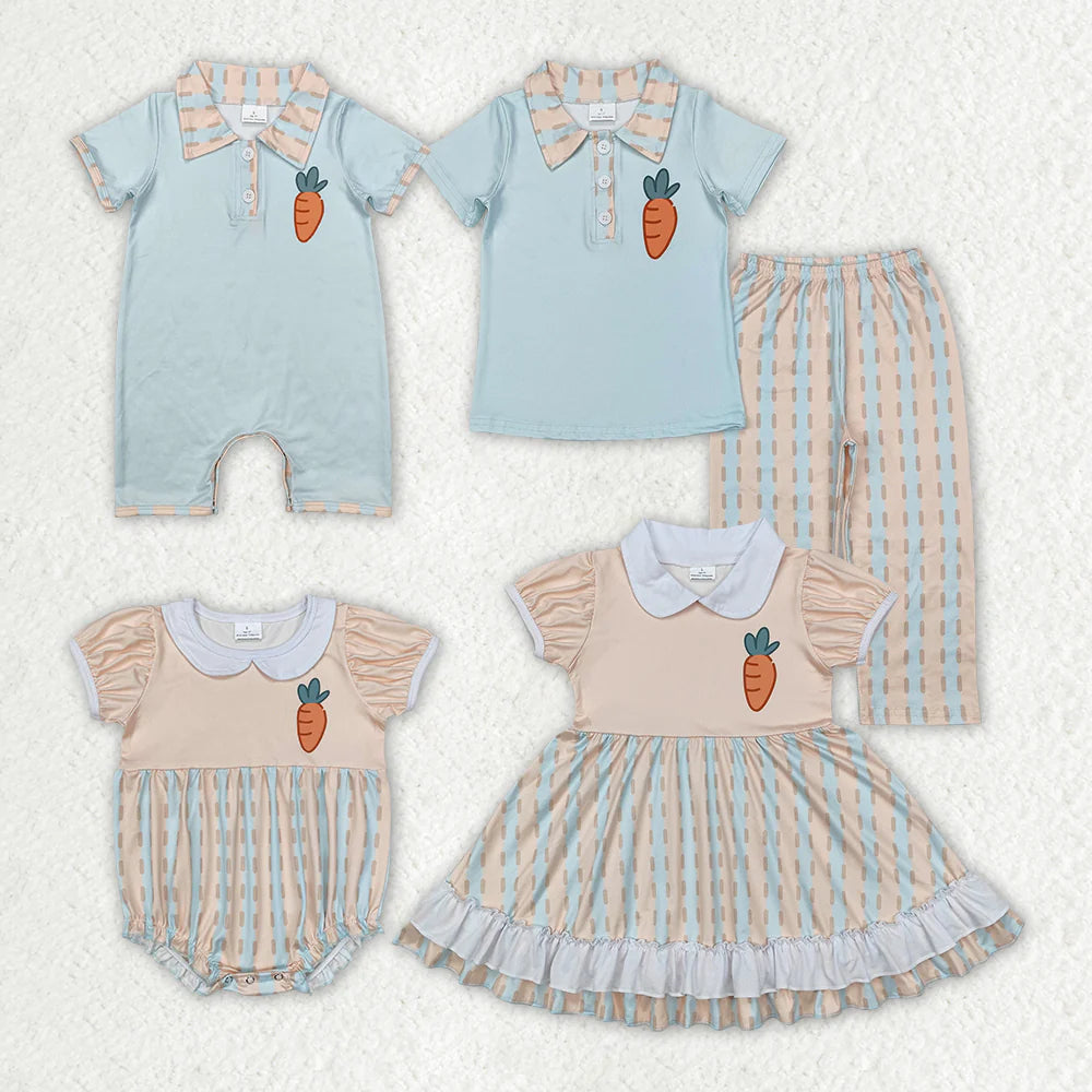 Sibling Baby Kids Short Sleeves Button Down Carrot Print Easter Romper And Set