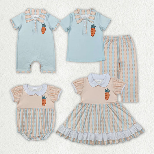 Sibling Baby Kids Short Sleeves Button Down Carrot Print Easter Romper And Set