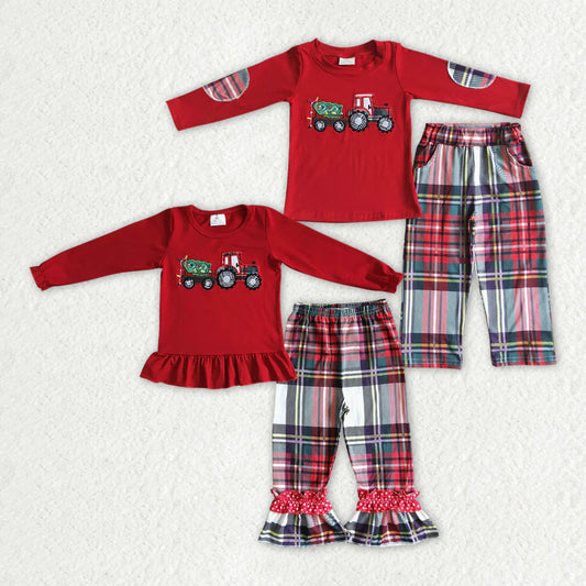 Sibling Boys Girls Tractors Plaid Pants Christmas Tree Outfits Sets