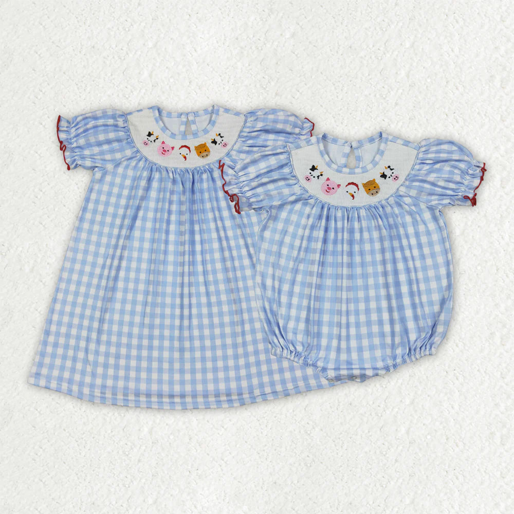 Sibling Baby Girls Blue Plaid  Farm Friends Smocked Rompers Dresses
