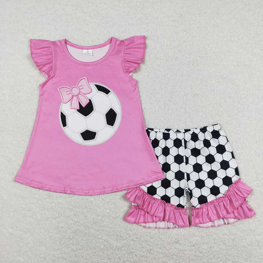 GSSO0496 Baby Girls Pink Soccer Flutter Tunic Top Ruffle Shorts Clothes Sets
