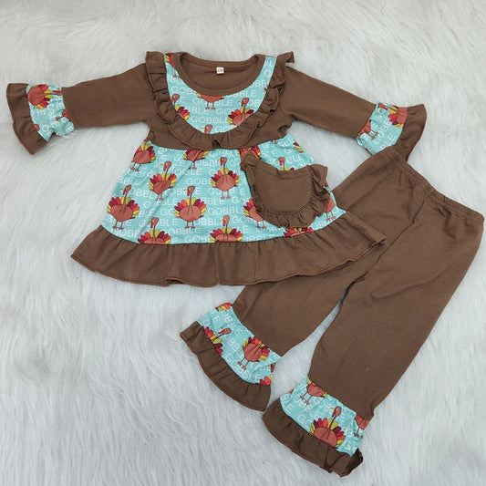 6 A20-1 Kids Girls Turkey Tunic Top With Ruffle Pants Set