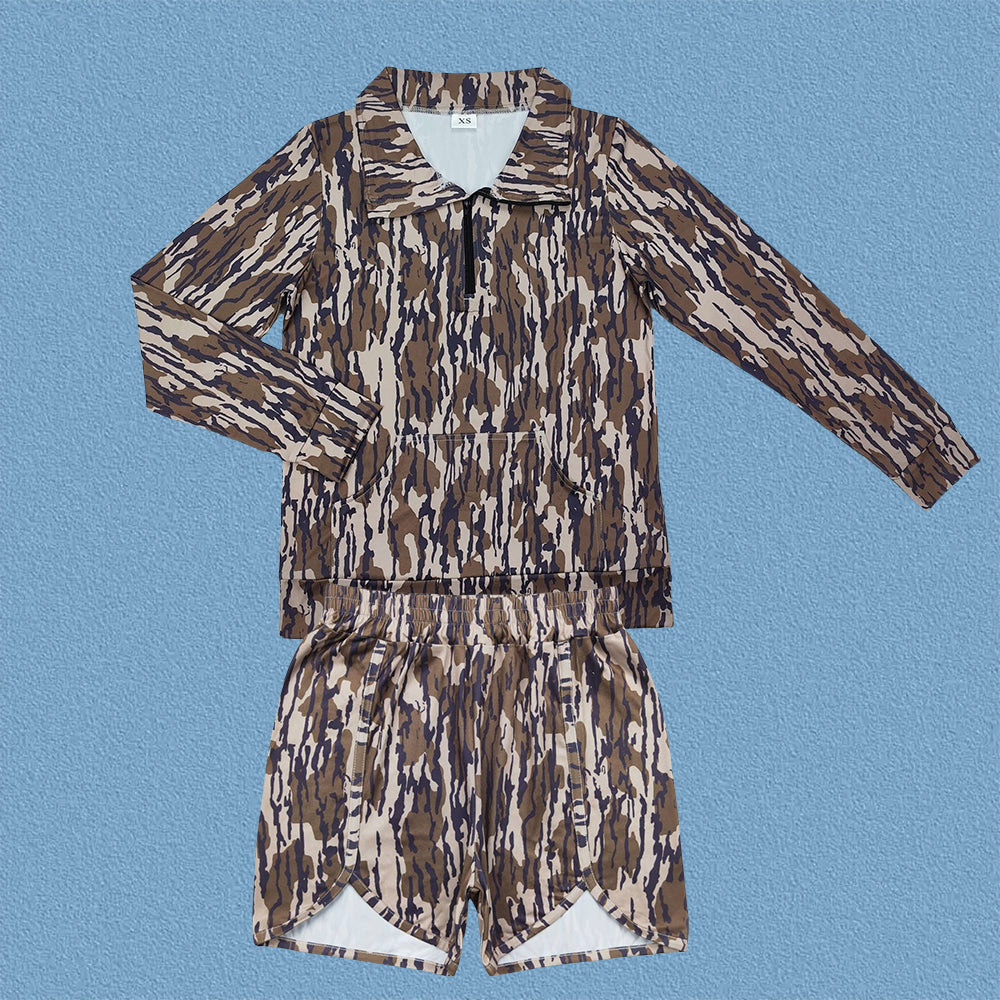 Adult Women Hunitng Camo Long Sleeve Zipper Pullover Top With Shorts Outfit