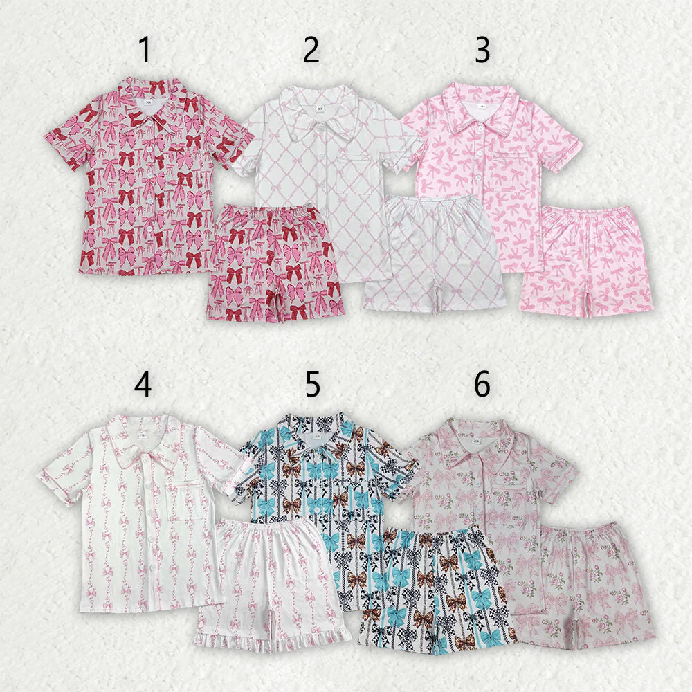 6 Colors Adult Women Bows Pocket Buttons Tops Shorts Pajamas