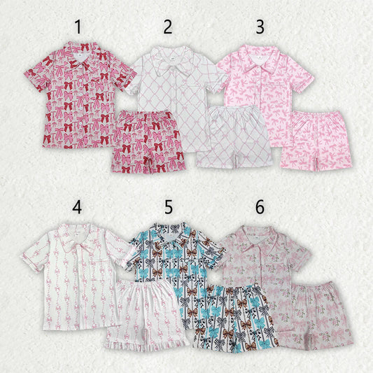 6 Colors Adult Women Bows Pocket Buttons Tops Shorts Pajamas